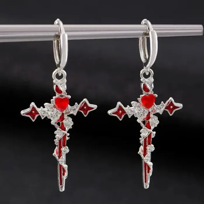 Cross Crystal Hoop Earrings Punk Thorn Rose Dripping Oil Cross Jewelry for Women Men