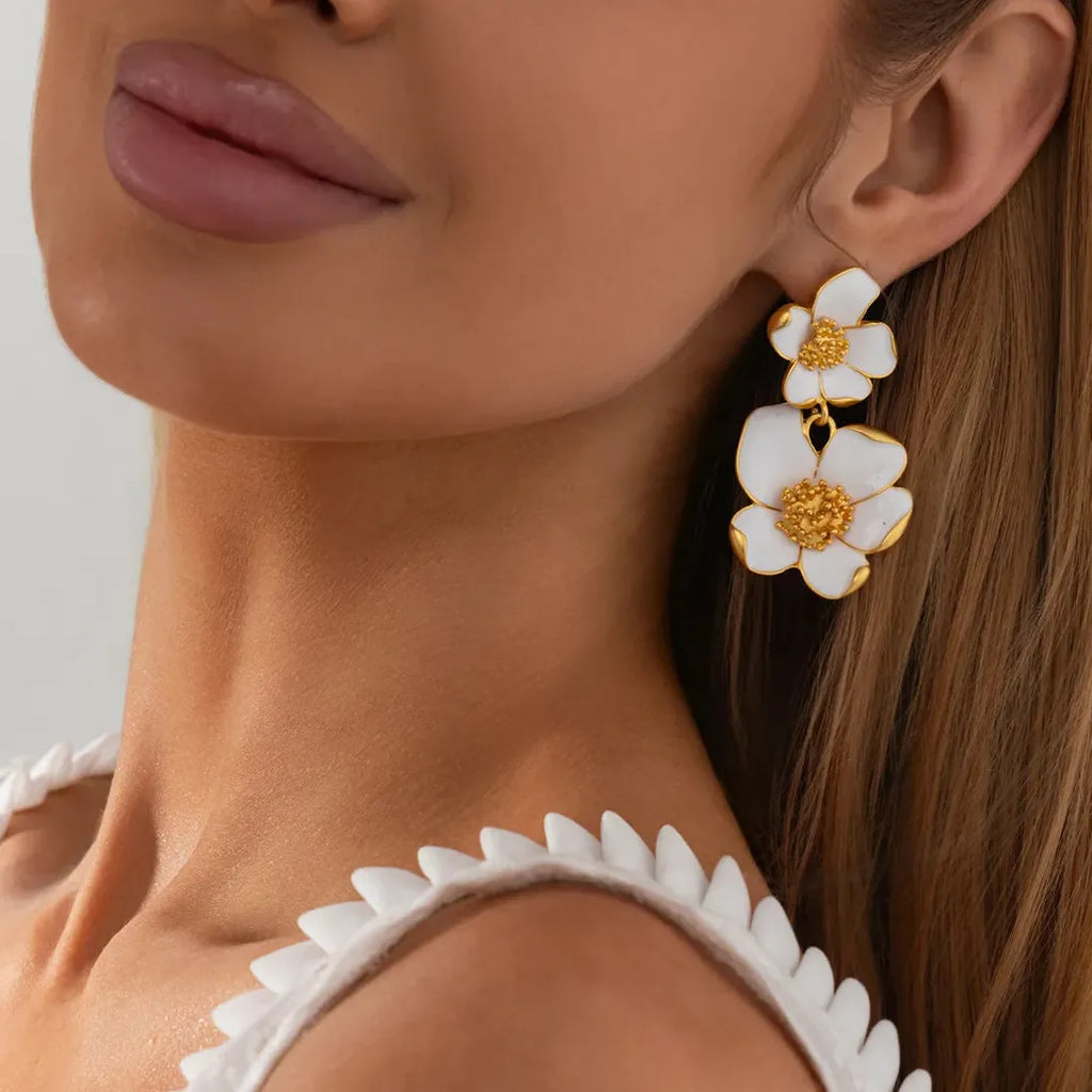White Enamel Petal Dangle Earrings for Women Vintage Flower Jewelry