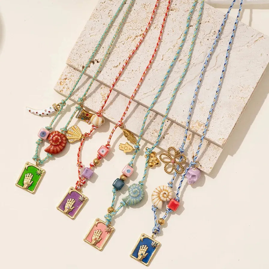 Multi-Color Oil Drip Enamel Tarot Card Pendant Necklace Stainless Steel Chain