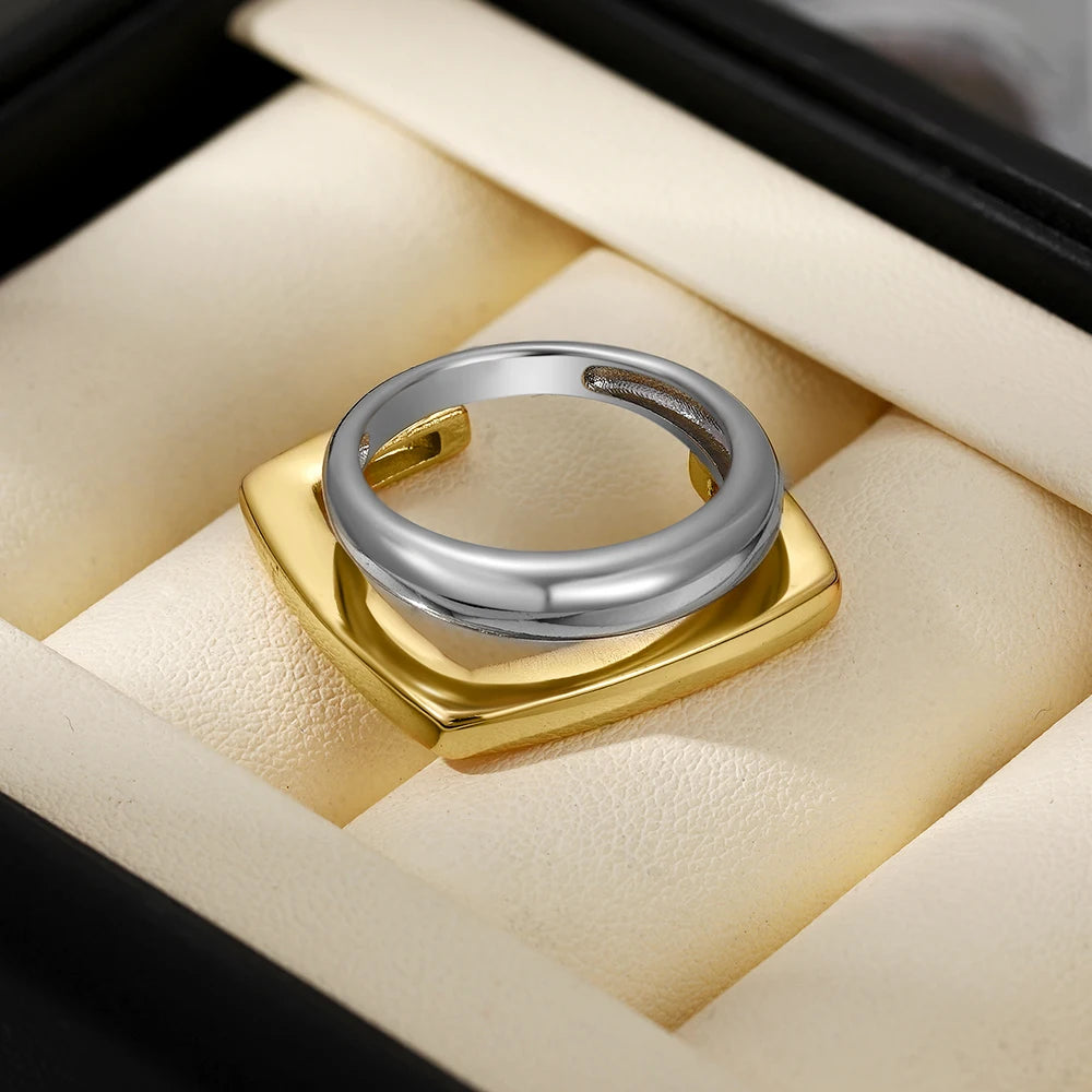 18k Gold Plated Stainless Steel Geometric Double Layer Ring Hypoallergenic Jewelry
