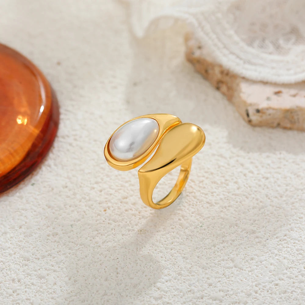 Vintage Dome Teardrop Waterdrop Pearl Ring 18K Gold Plated Stainless Steel Women