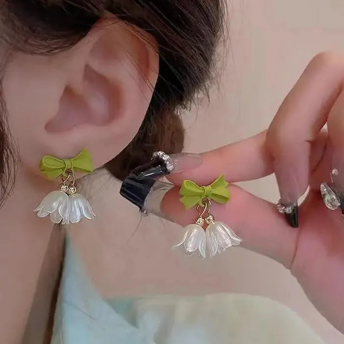 Korea Sweet Green Bow Bell Flower Drop Earrings for Women Alloy Resin Jewelry