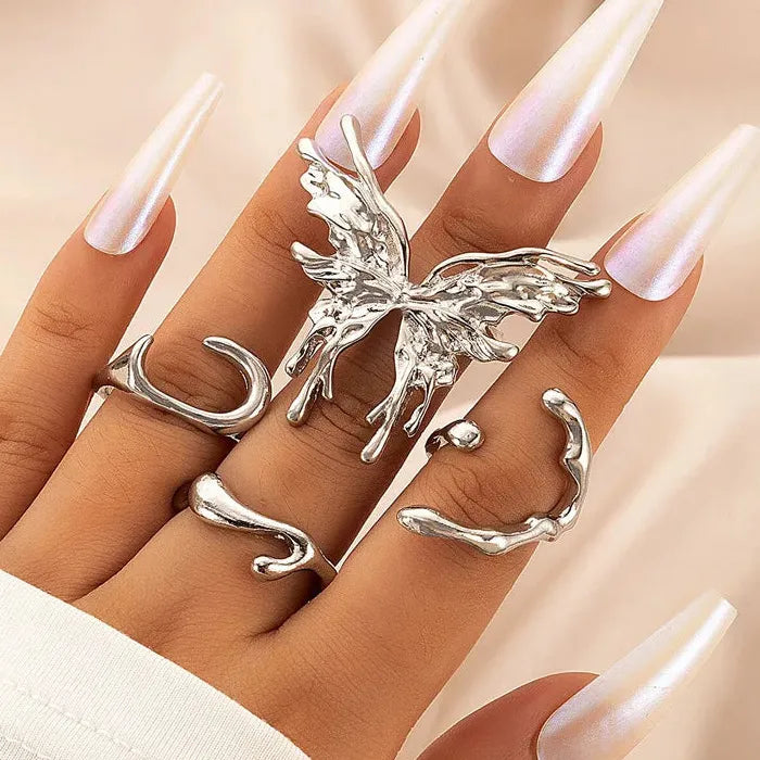 Silver Metal Liquid Butterfly Rings Set Women Gothic Punk Jewelry