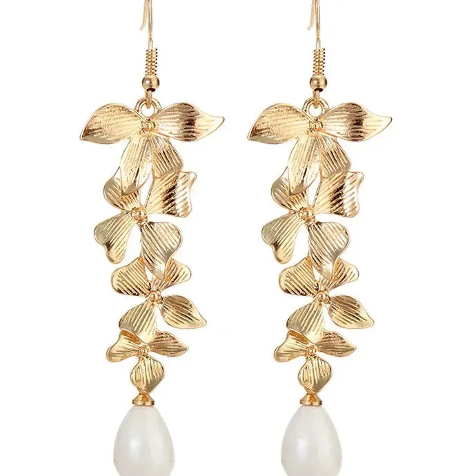 Leaves Flower Tassel Imitation Pearl Pendant Earrings Bridal Wedding Jewelry