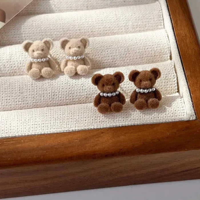 Flocking Plush Pearl Bear Stud Earrings Zinc Alloy Animal Jewelry for Women