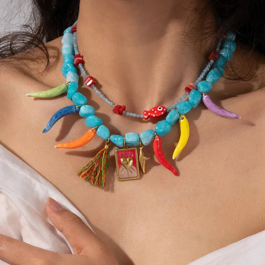 Stackable Natural Stone Bell Pepper Collar Necklace Women Stainless Steel Choker Pendant