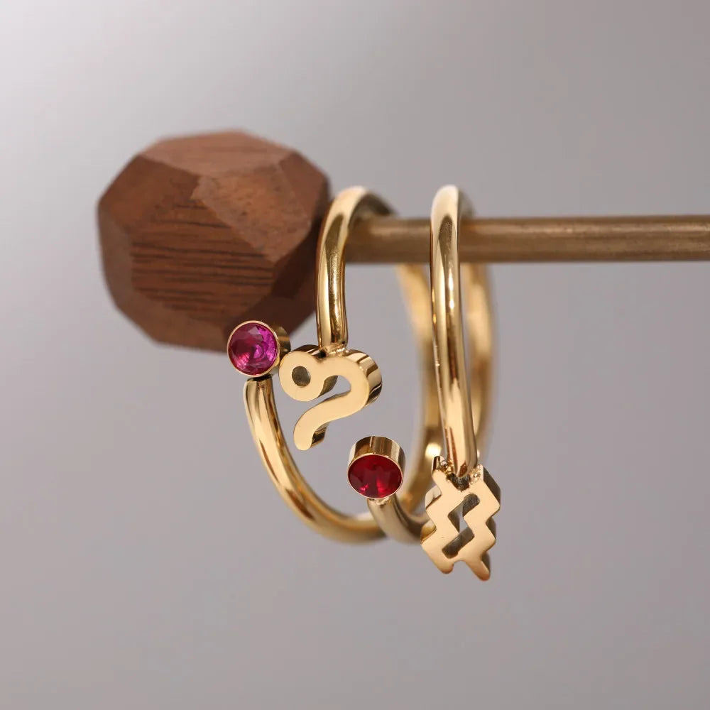 12 Constellation Symbol Adjustable 18K Gold Plated Zircon Knuckle Ring Gift