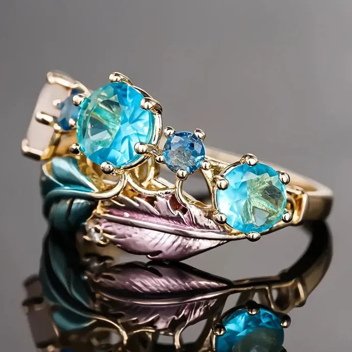 Gold Feather Blue CZ Ring Brass Geometric Wedding Party Jewelry for Women