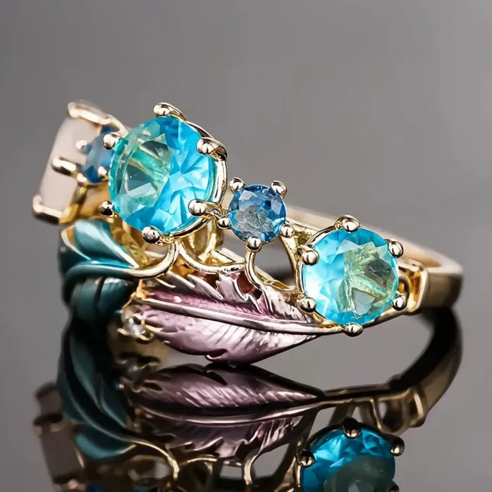 Brass Geometric Feather Ring for Women with CZ Wedding Band Jewelry
