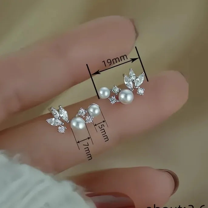 Women's Silver & Gold Geometric Stud Earrings with Simulated Pearls