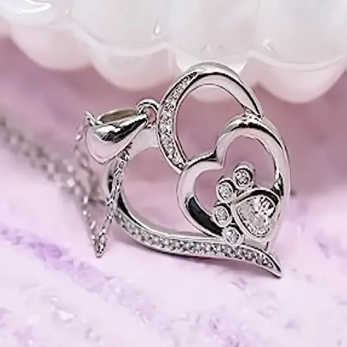Double Heart Pendant Necklace with Paw Print CZ Copper Alloy Jewelry for Women