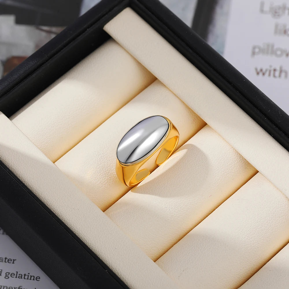 18k Gold Plated Two-Tone Polished Dome Punk Stainless Steel Ring Women