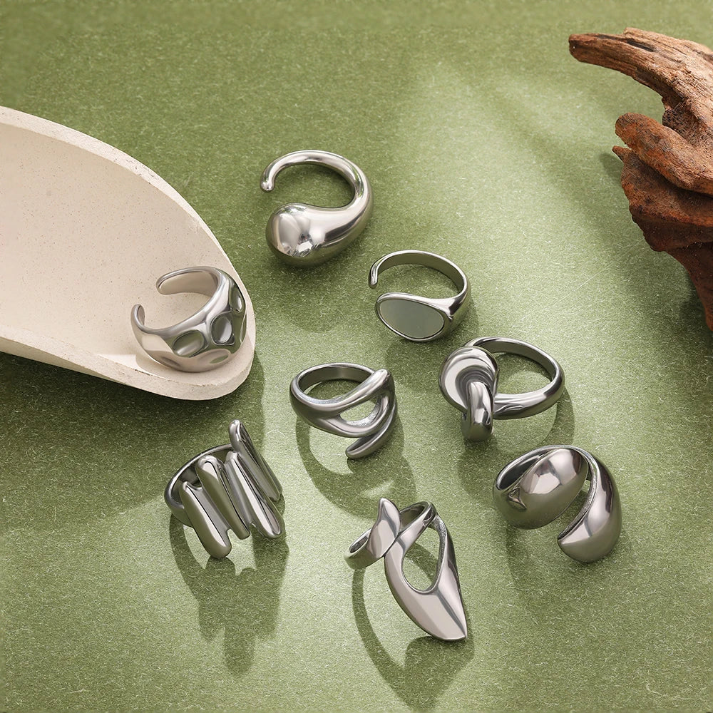 Adjustable Waterproof Dome Chunky Stainless Steel Knot Ring Wide Finger Jewelry