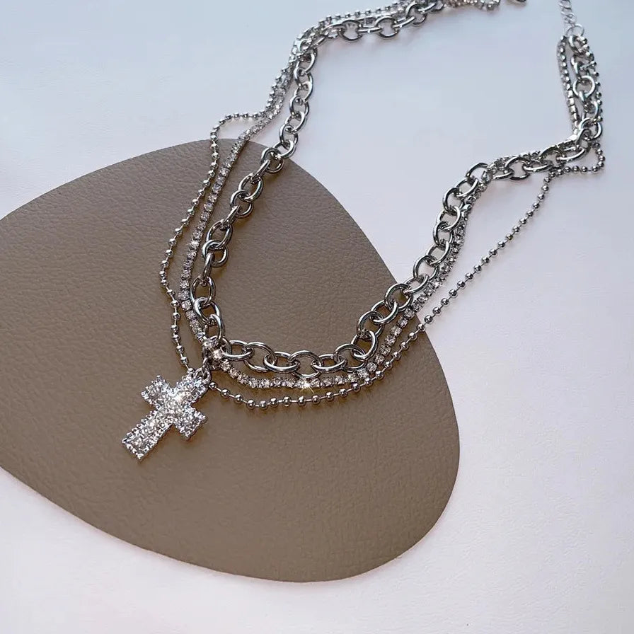 Punk Zircon Cross Pendant Necklace Gothic Jewelry for Men Women Stylish