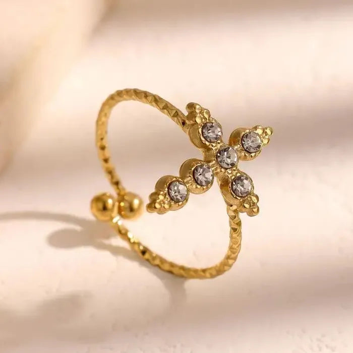 Adjustable Stainless Steel Cross Ring Featuring Rhinestone for Men Women Jewelry