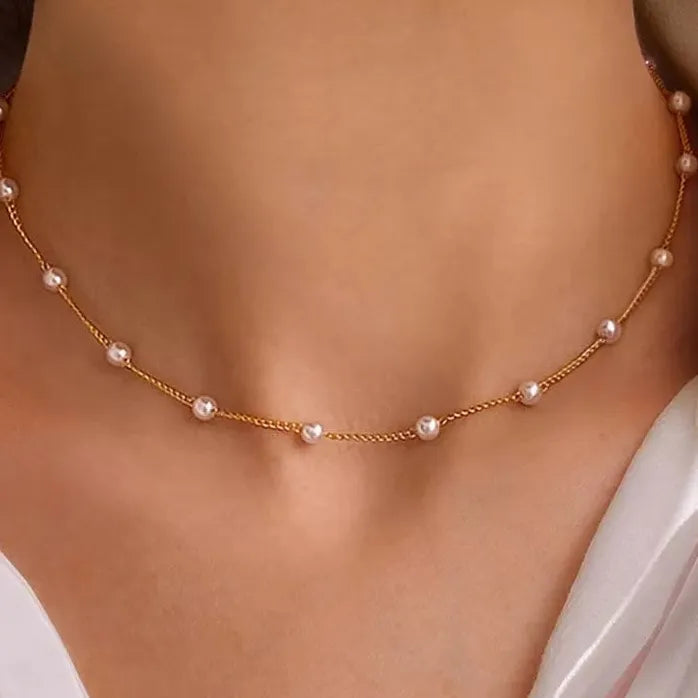 Kpop White Imitation Pearl Choker Necklace & Bracelet Set Silver Bridal Jewelry