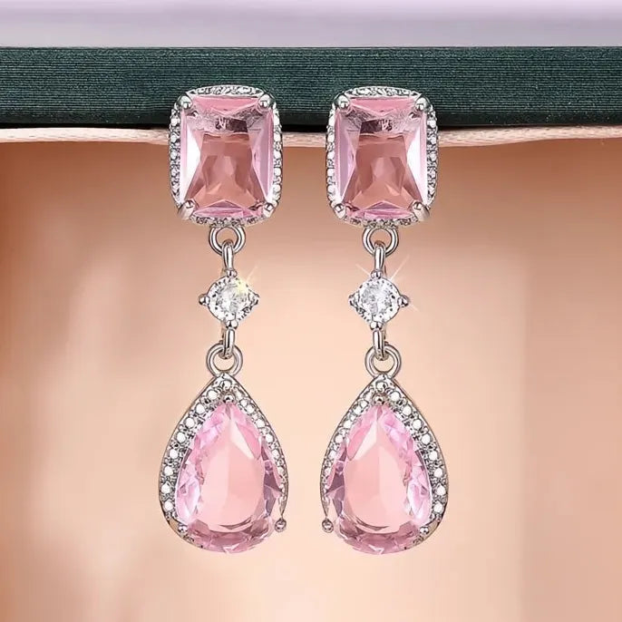 Fresh Pink Yellow Cubic Zirconia Dangle Earrings for Women Elegant Engagement Wedding Jewelry