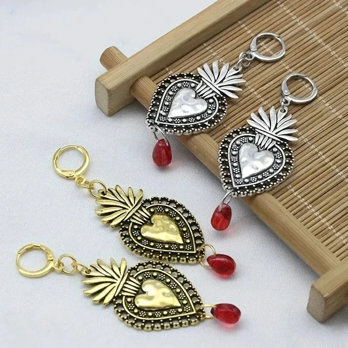 Vintage Sparkling Red Water Drop Pendant Earrings Zinc Alloy Sacred Heart Mom Gift