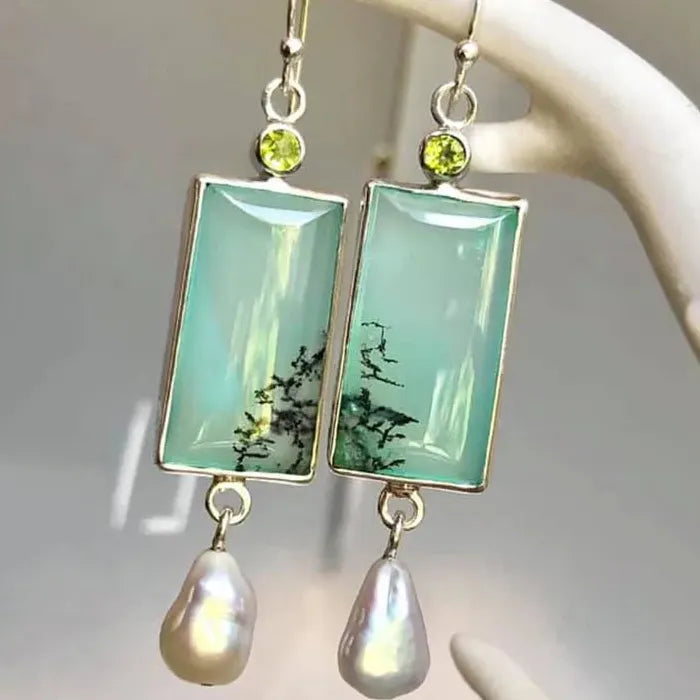 Vintage Geometric Resin Drop Earrings Antique Silver Pearl Pendant Gift
