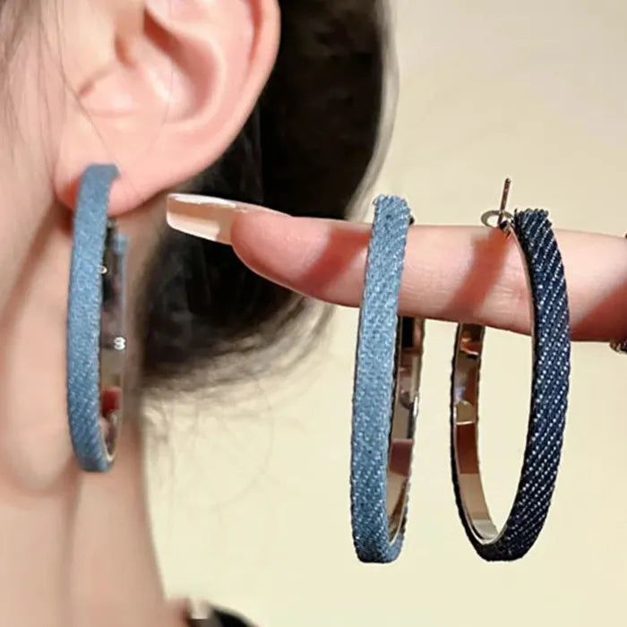 Vintage Blue Denim Zinc Alloy Round Hoop Earrings for Women Gift