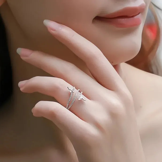 Delicate Silver Butterfly Brass Ring with Cubic Zirconia for Women Wedding Party Jewelry
