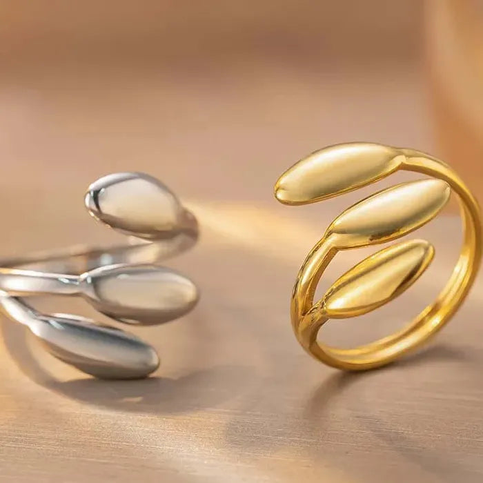 Adjustable Gold Color Stainless Steel Leaf Ring for Women Nature Jewelry