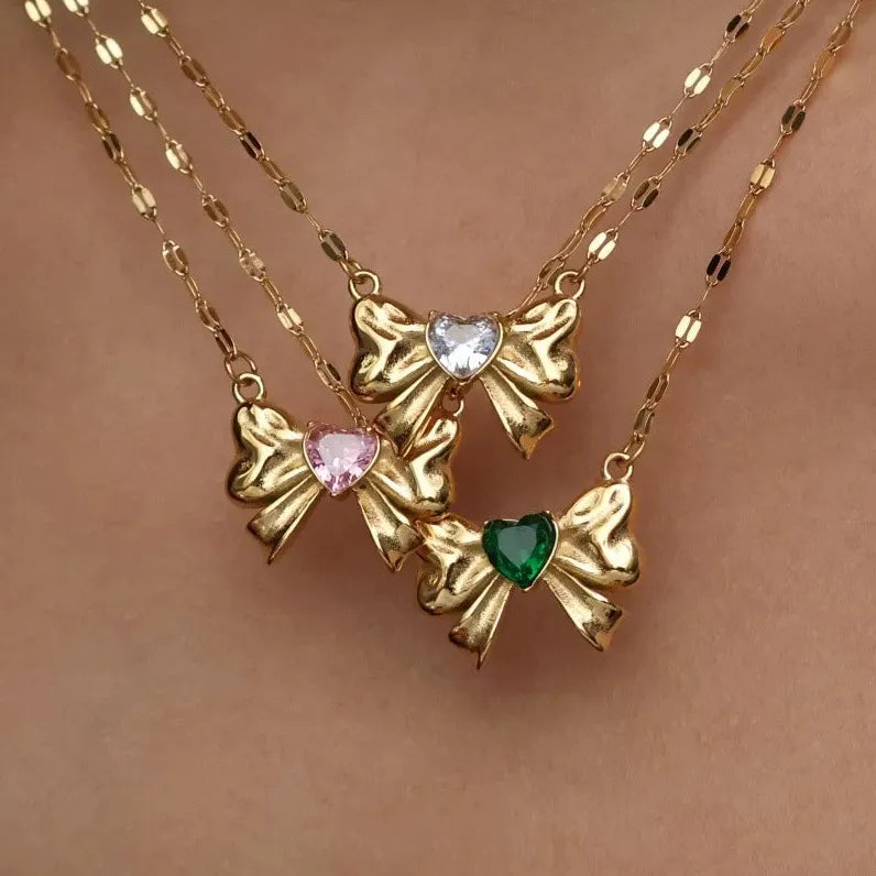 18K Gold Plated Stainless Steel Bow Necklace Women Multicolor Heart Zircon Gift Jewelry