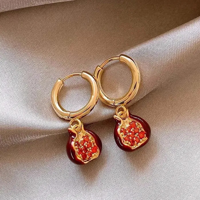 Vintage Red Pomegranate Gold C-Shape Hoop Earrings Necklace for Women Gift