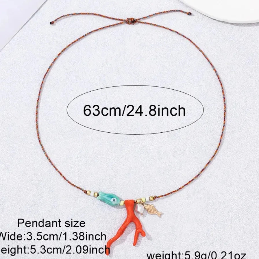 18k Gold Plated Ocean Coral Fish Pendant Necklace Adjustable Rope Choker Women