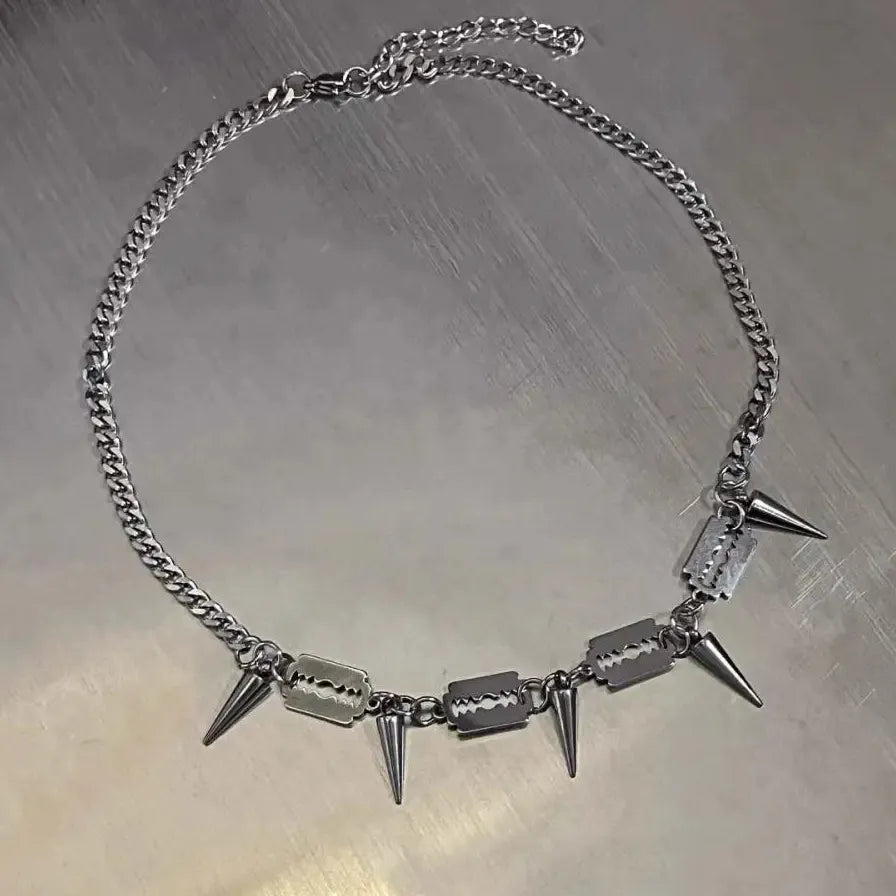 Hiphop Punk Razor Blade Rivet Tassel Geometric Metal Chain Necklace Unisex Stainless Steel Gift