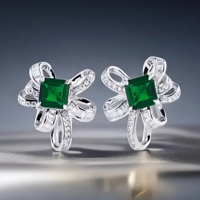 Knot Design Women’s Copper Alloy Stud Earrings with Green CZ for Wedding Party
