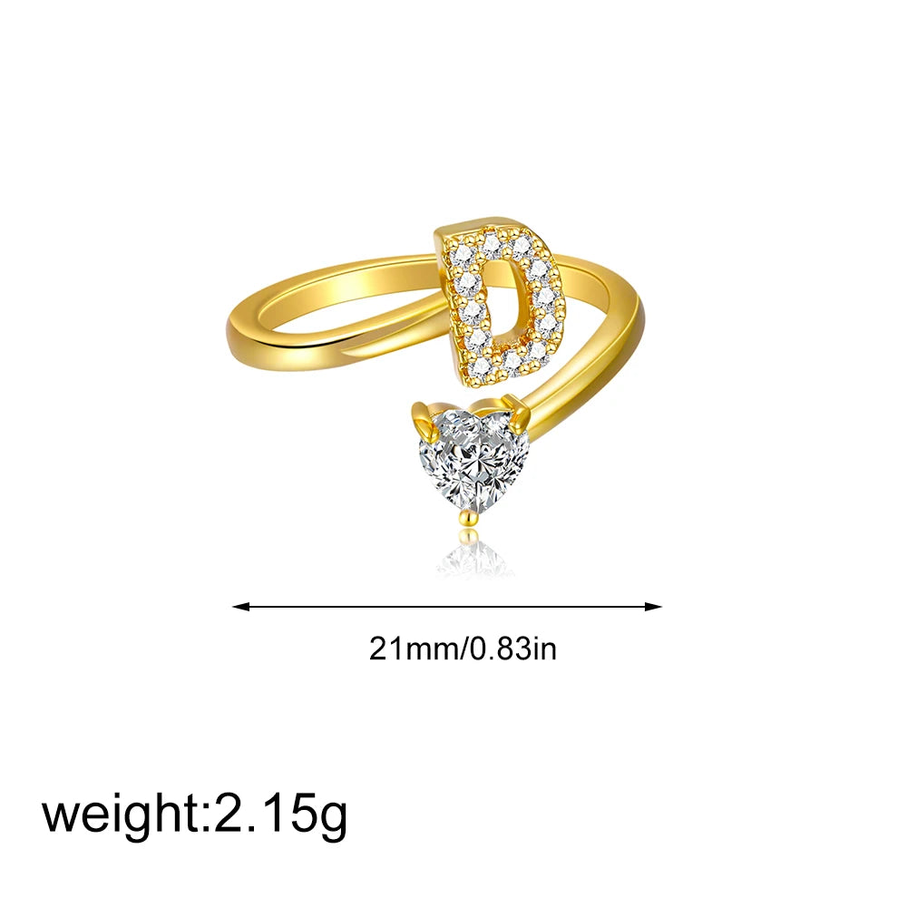 Polished Gold Plated Copper A-Z Letter Initial Ring with Zircon Heart Wedding Jewelry