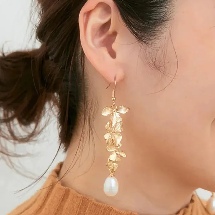 Leaves Flower Tassel Imitation Pearl Pendant Earrings Bridal Wedding Jewelry