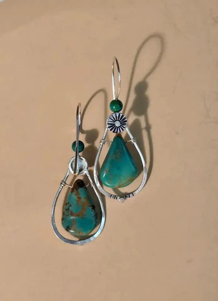 Vintage Geometry Deep Synthetic Sapphire Pendant Earrings Women Ethnic Blue Beads Zinc Alloy Jewelry