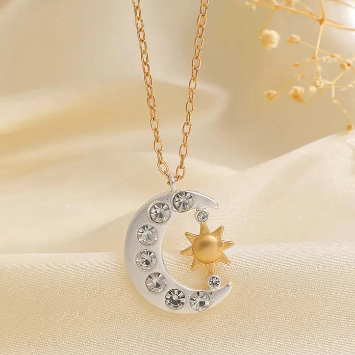 Copper Moon Star Rhinestone Pendant Necklace Women Y2K Crescent Sun Jewelry Gift
