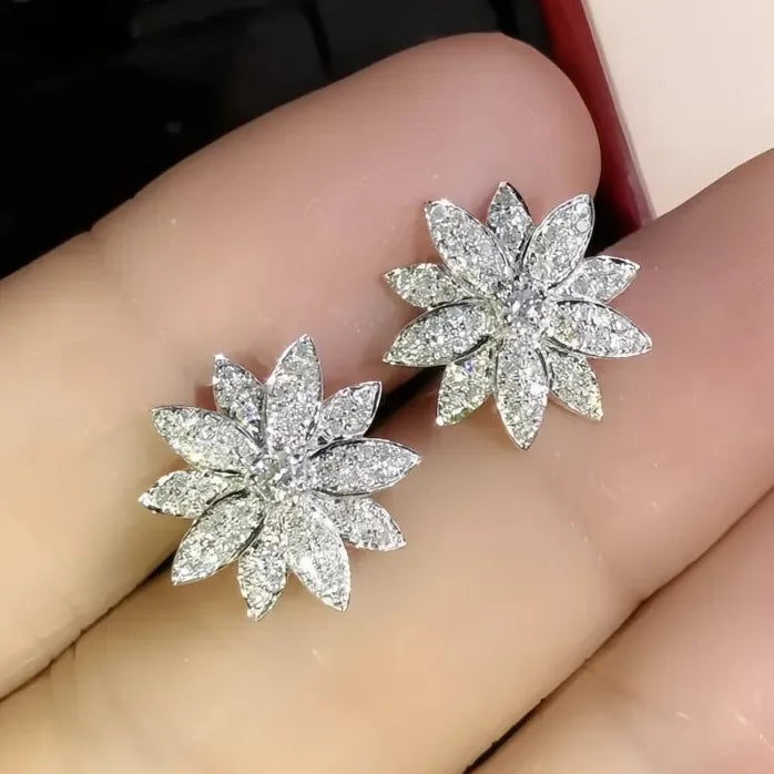 Geometric Crystal Flower Stud Earrings Copper CZ Sparkling Jewelry Gift