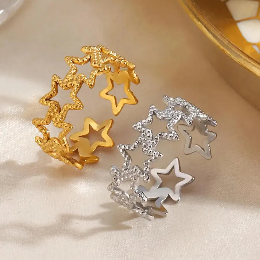 Vintage Adjustable Stainless Steel Hollow Pentagram Star Ring for Women Jewelry