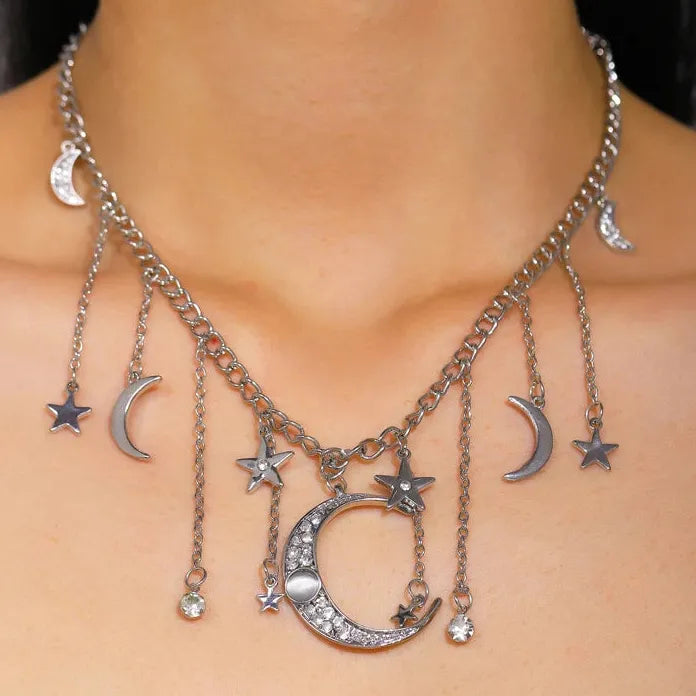 Vintage Moon Star Tassel Pendant Necklace for Women Zinc Alloy Crystal Gift