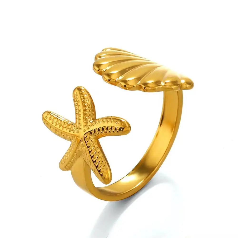18K Gold Plated Stainless Steel Adjustable Conch Whelk Shell Ring Women