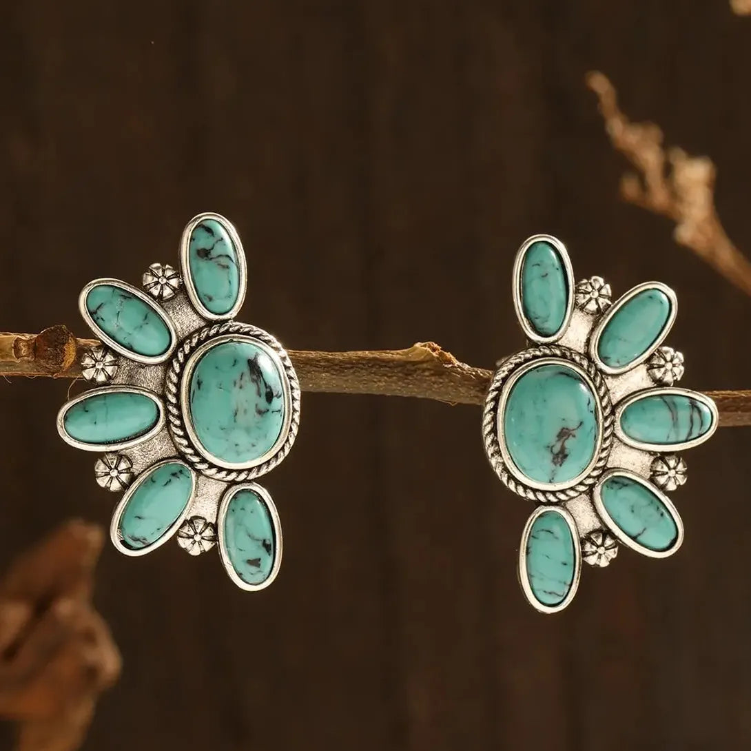 Vintage Tribal Ethnic Blue Rose Red Gemstone Zinc Alloy Earrings for Women