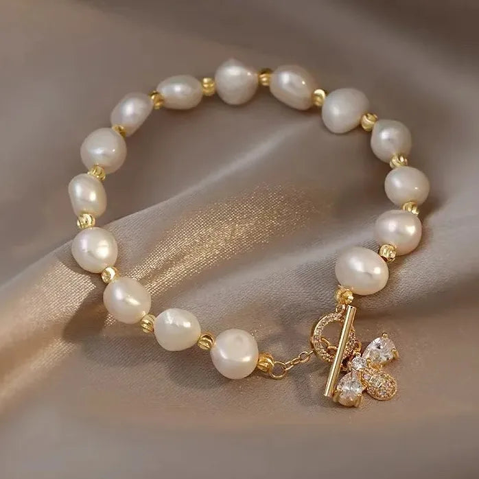 Vintage Double Layer Imitation Pearl Bracelet Featuring White Camellia Flower for Women