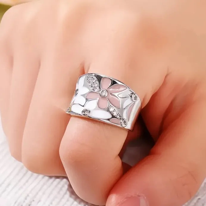 Geometric Silver Enamel Flower Ring with Cubic Zirconia for Women Gift