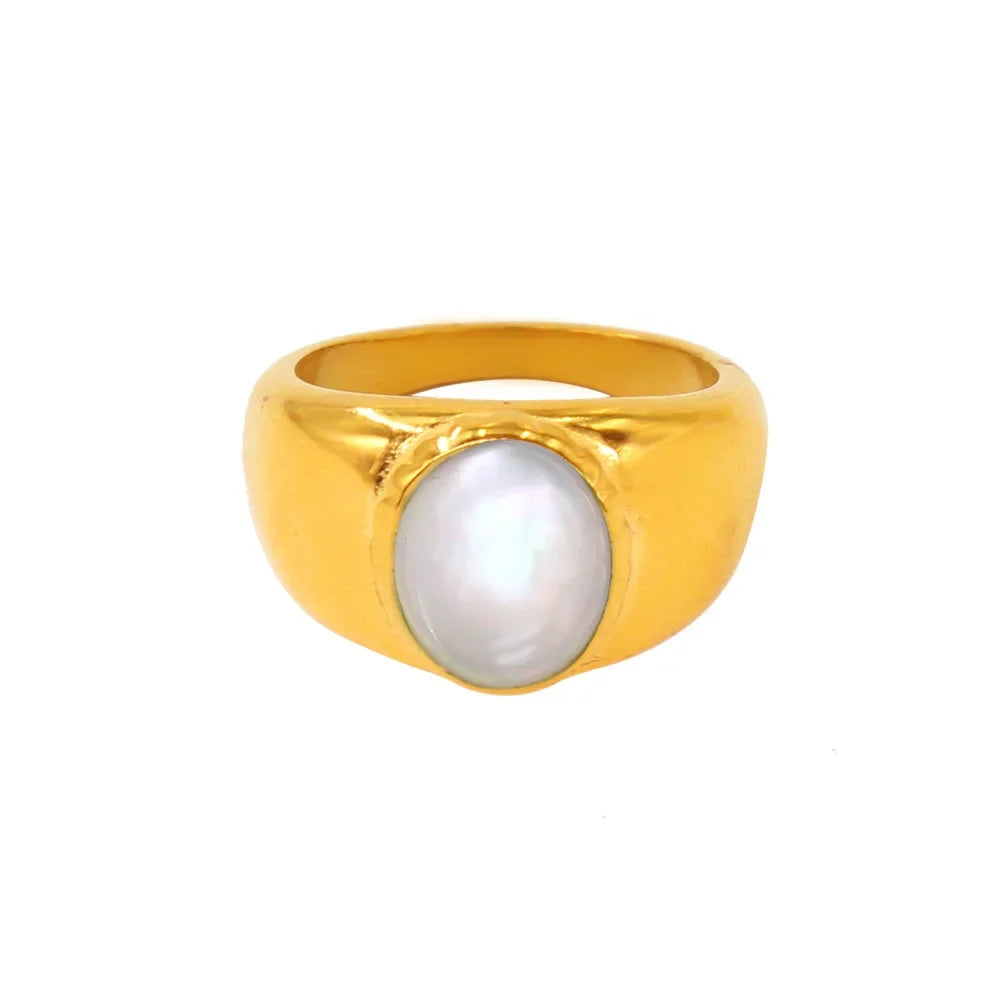 Minimalist Red Crystal Wide Thick Wedding Ring for Women Stainless Steel Gold Engagement Jewelry