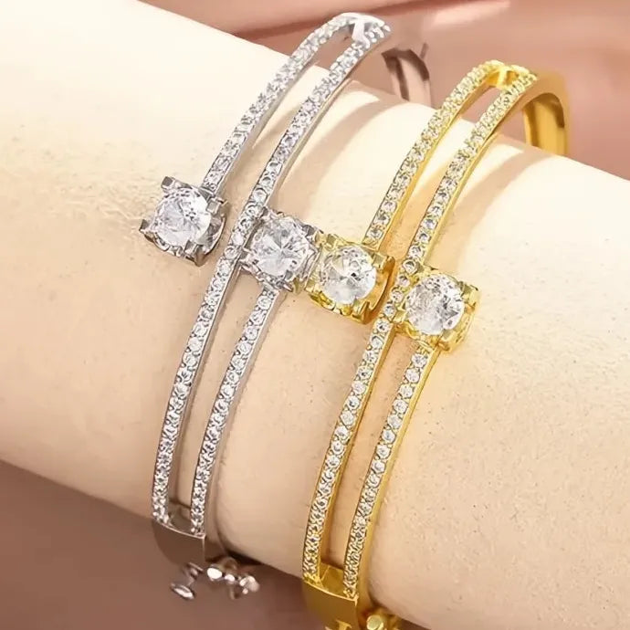Women’s Silver Gold Copper Alloy CZ Geometric Bangle Bracelet Jewelry