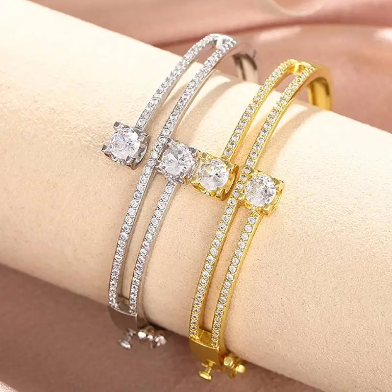 Women’s Silver Gold Copper Alloy CZ Geometric Bangle Bracelet Jewelry