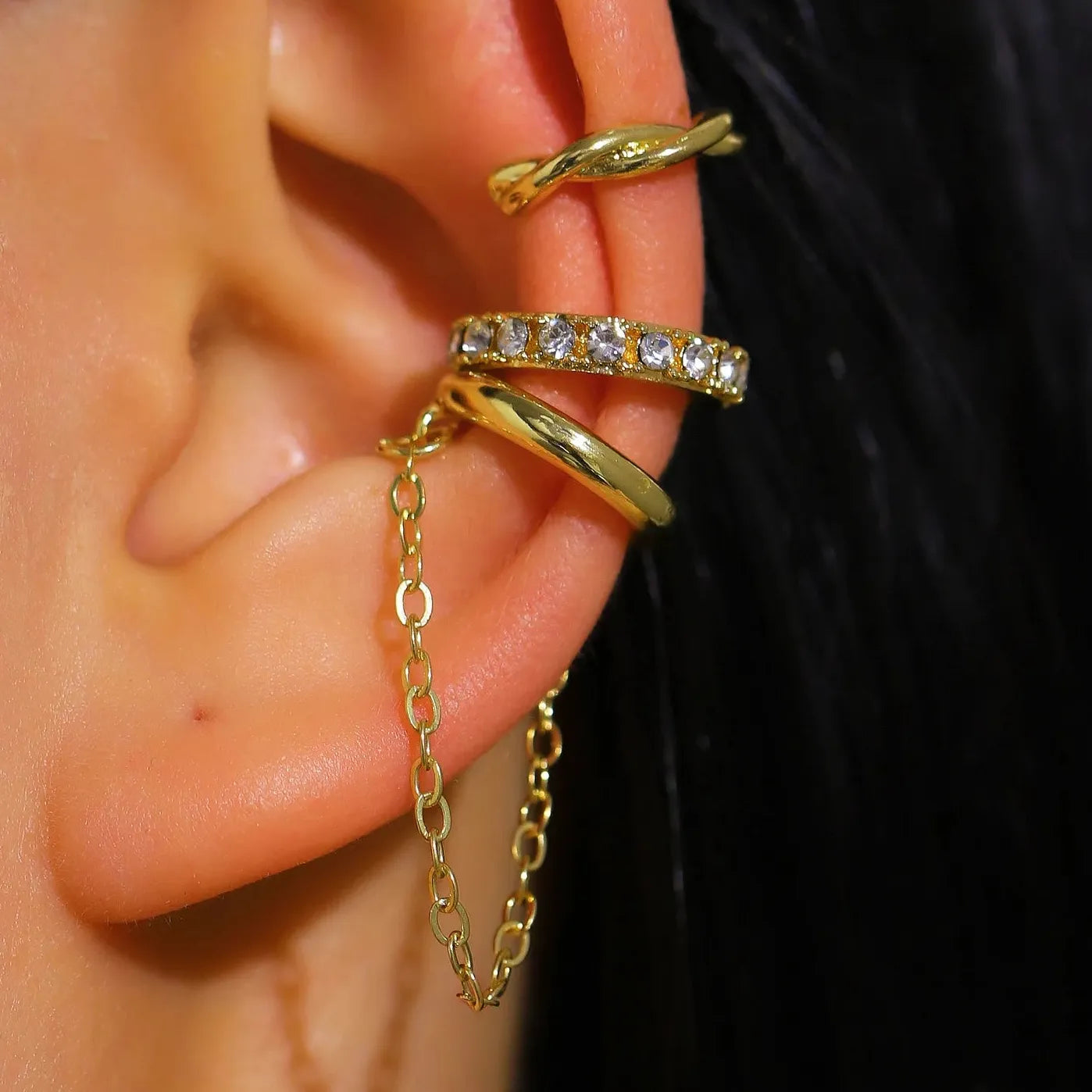3Pcs C-Shaped Zircon Tassel Clip Earrings Fashion Jewelry Gifts