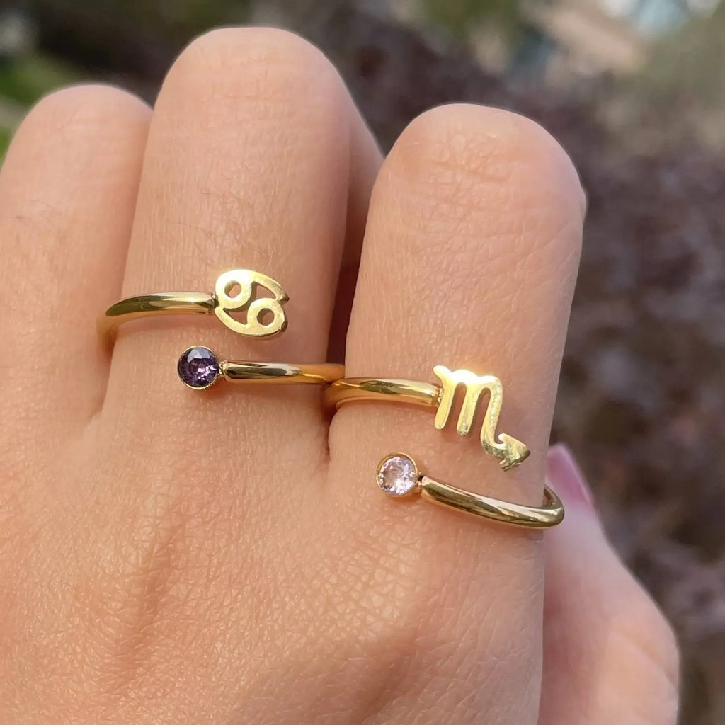 12 Constellation Symbol Adjustable 18K Gold Plated Zircon Knuckle Ring Gift