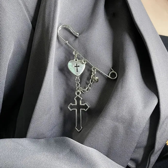 Y2K Punk Gothic Silver Zinc Alloy Cross Tassel Brooch for Men Women