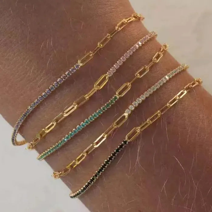 Luxury Colorful Cubic Zirconia Tennis Bracelet Women Stainless Steel Gold Chain Jewelry Gift