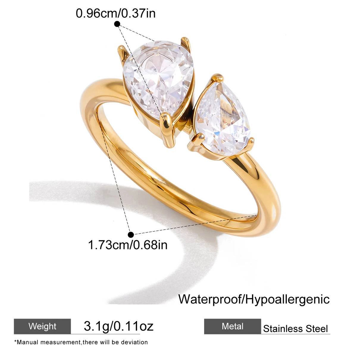 18k Gold Plated Geometric Stainless Steel Wedding Ring Heart Water Droplet Gift